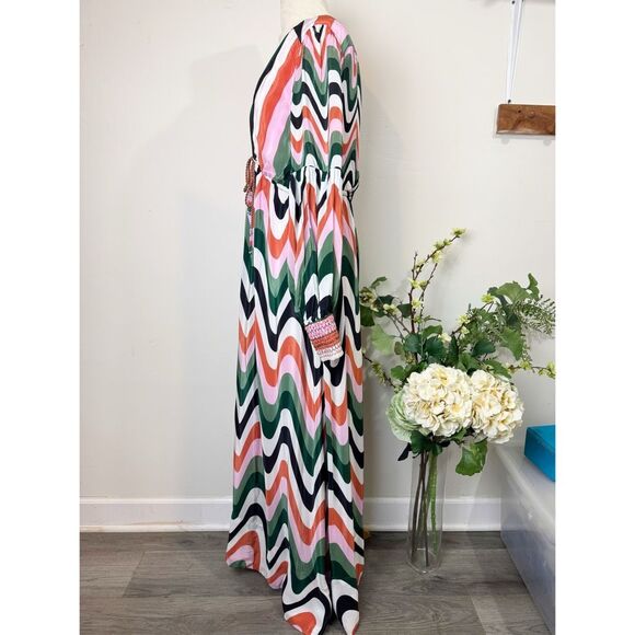 FARM Rio * Wave Gradient Maxi Dress Long Sleeve Drawstring Waist Multicolor Larg - Picture 9 of 16